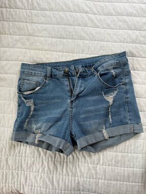 Distressed Mid-Blue Denim Shorts - Women's Casual Roll-Cuff